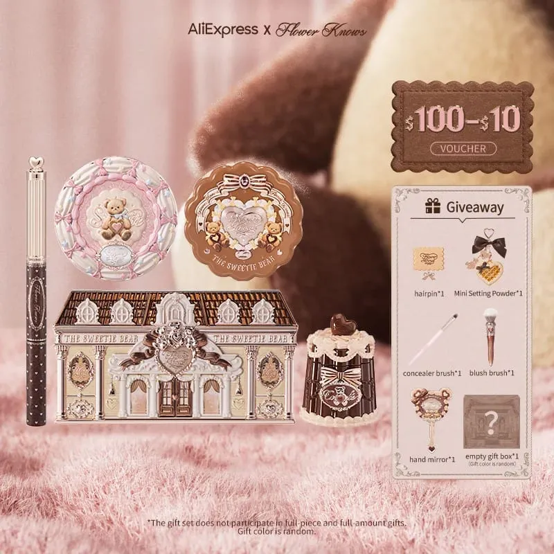 Flower Knows The Sweetie Bear Collection סט מתנות איפור כולל צללית+ג'לי שפתיים+עיפרון גבות+קונסילר+סומק