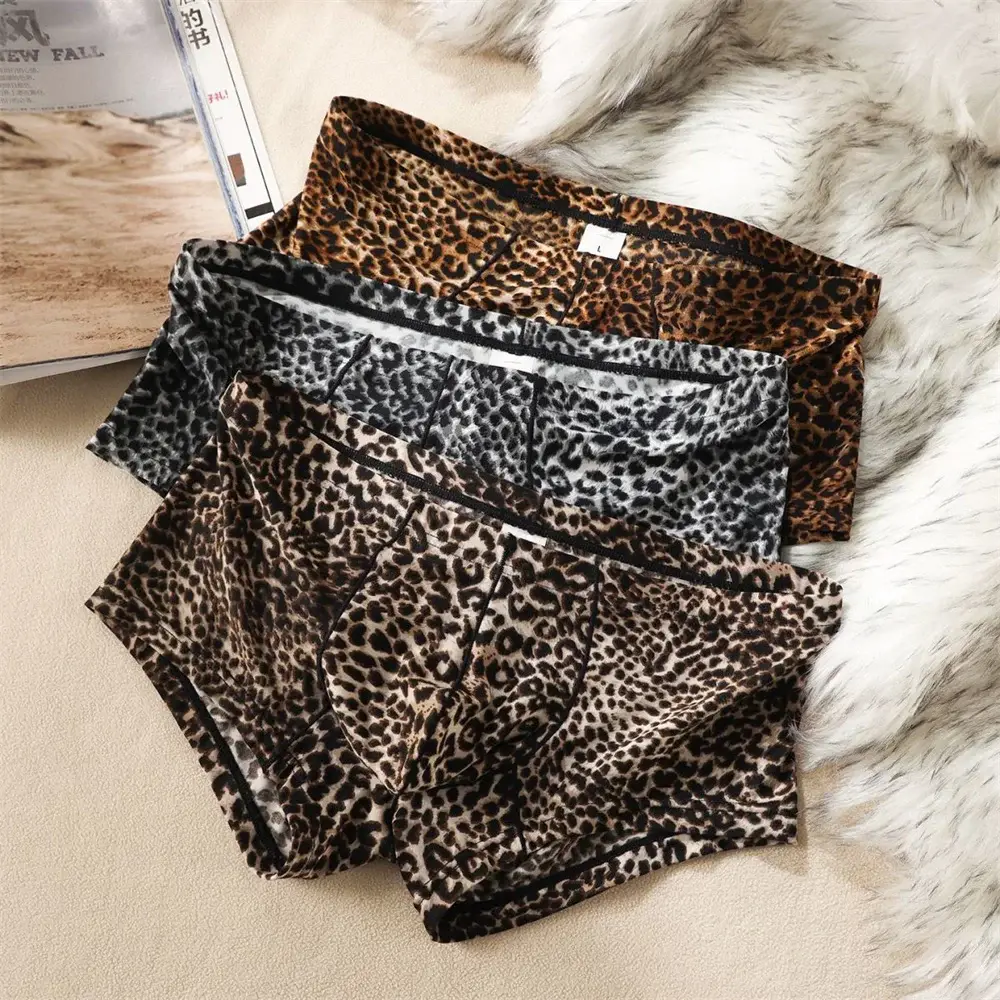 Hot Men's Low Waist Sexy Leopard Print Boxer Shorts Comfortable Summer Thin Male Trunk Underwear Plus Size