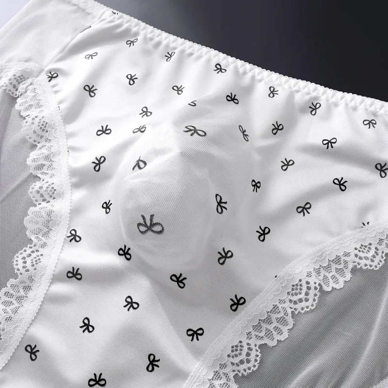 Sexy Lace Mens Briefs 3D Pouch Floral Edge High Elastic Sweet Heart Bow Print Mesh Splicing Underwear