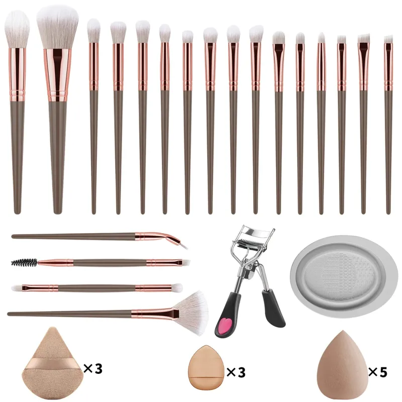 33 Buah Kit Alat Rias 20 Kuas Rias dengan Mangkuk Pembersih Puff Bedak Set Rias Mata Wajah Penuh Penjepit Bulu Mata