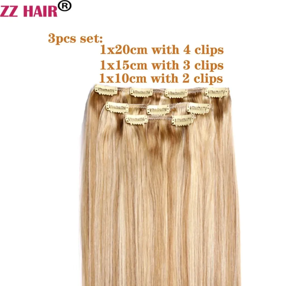קליפסים ב-100% תוספות שיער אנושי רמי 16"-28" 3 יחידות סט 100 גרם-200 גרם שלוש חתיכות 1x20 ס"מ 1x15 ס"מ 1x10 ס"מ טבעי ישר ZZHAIR