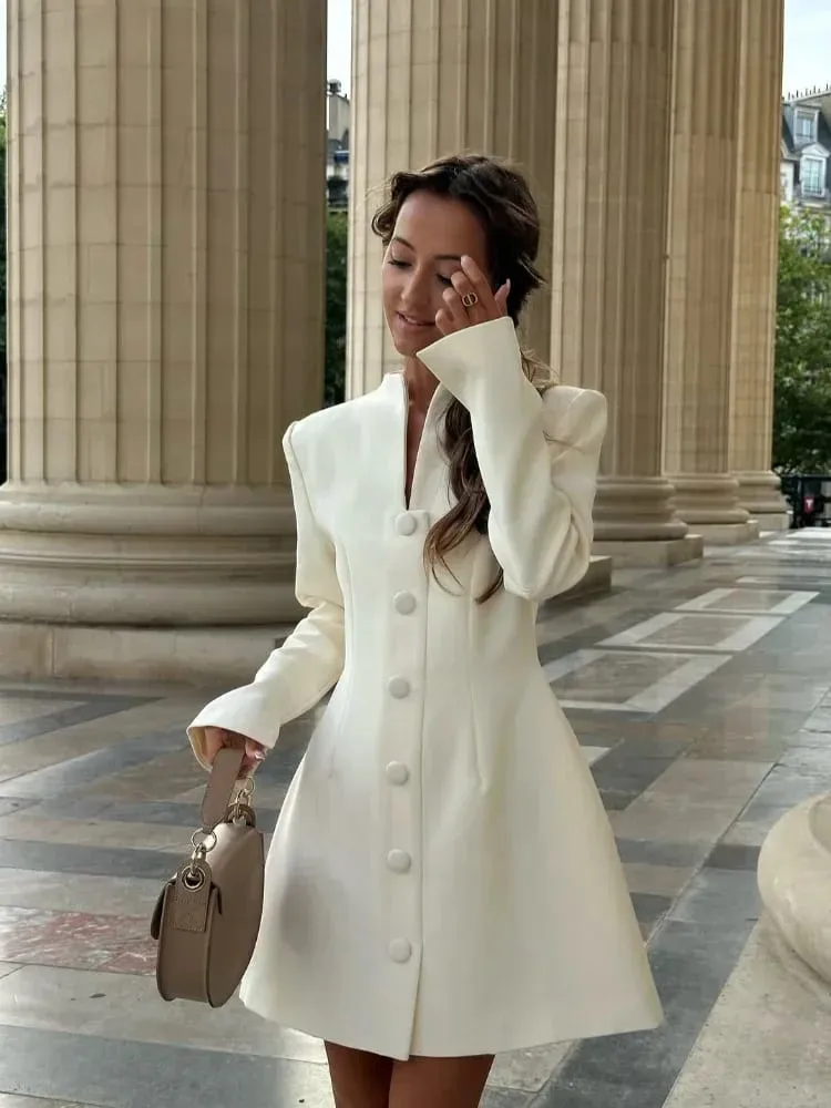 Solid Single-breasted A-line Mini Dress 2026 Elegant Women's V Collar Full Sleeve High Waist Vestidos Lady Commute Street Gowns