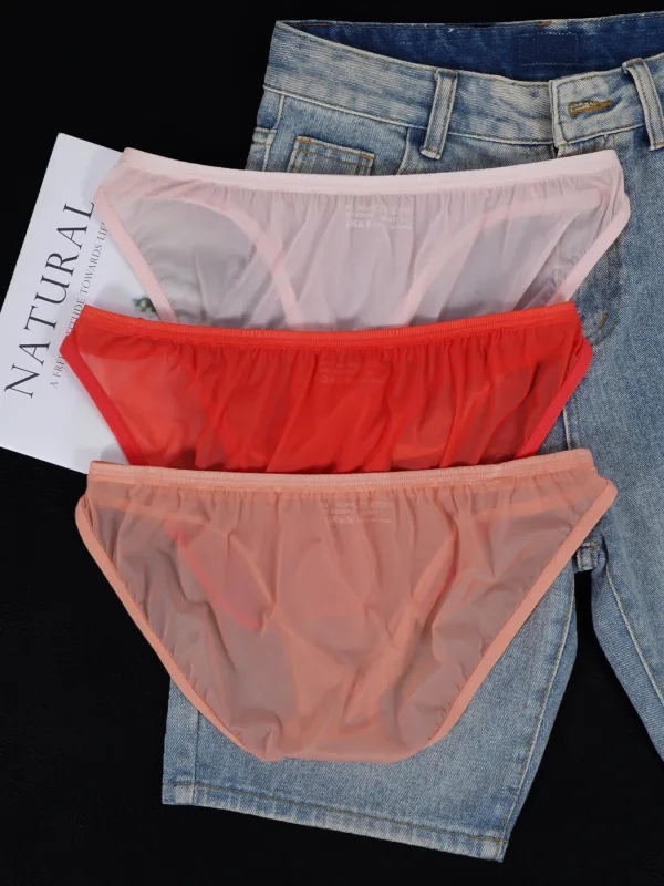 3 PCS Men's Ice Silk Cool U Convex Pouch Mesh Sheer Sexy Briefs Slim Thin Waistband Body Shaping Multicolor Underwear