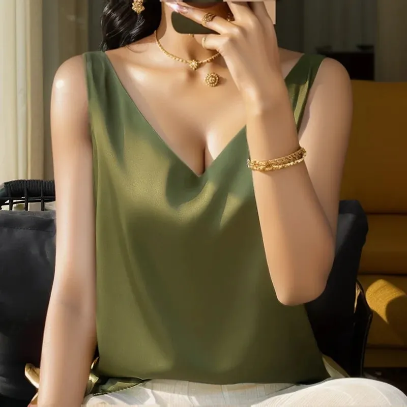 Νέο Lce Silk Satin Camisole Γυναικεία Άνοιξη/Καλοκαίρι μονόχρωμο αμάνικο σέξι άνετο μεταξωτό εσώρουχο RW-D09