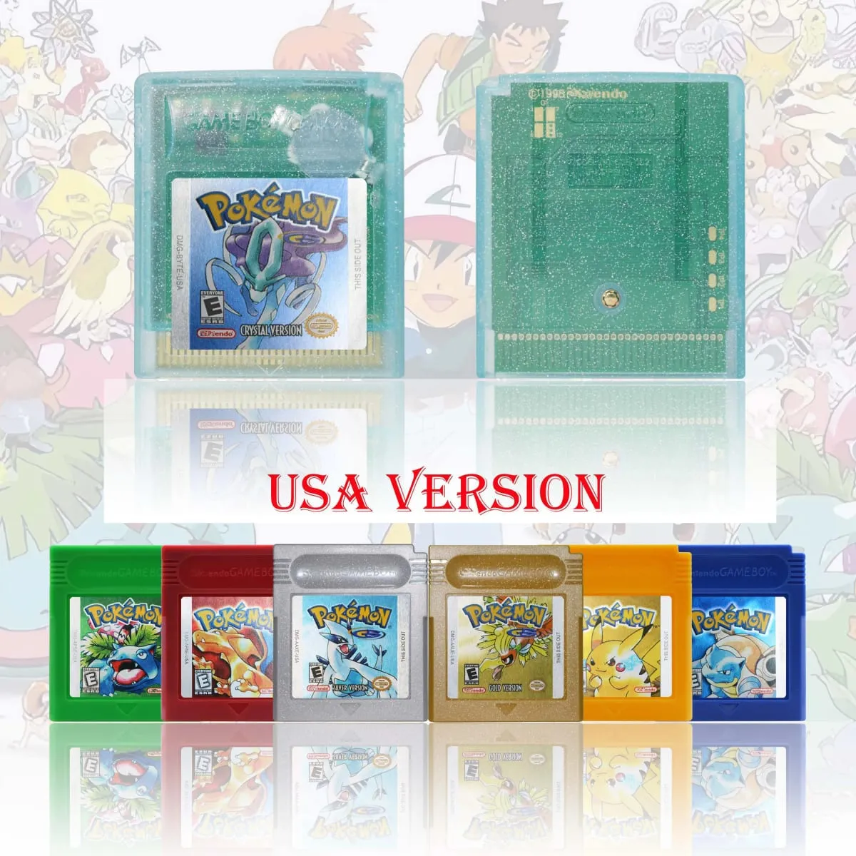 GBC/GBA USA verzió Pokemon Blue/Crystal/Smaragd/Fire Red/Leaf Green Game Cartridge videojáték kártya kiváló minőségű akkumulátorral