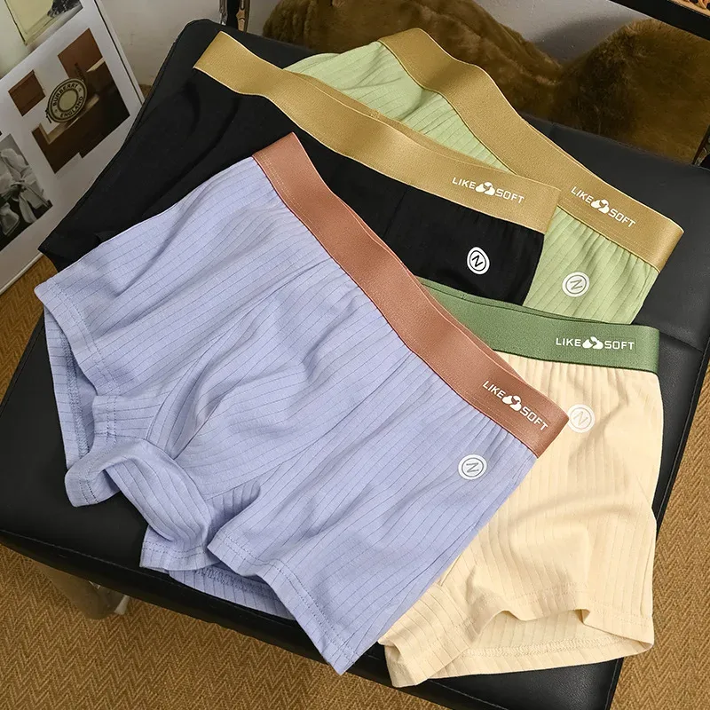 5Pcs Men Striped Boxer Briefs Soft Breathable Mid Waist Elastic Waistband Cotton Blend Men Underwear Shorts