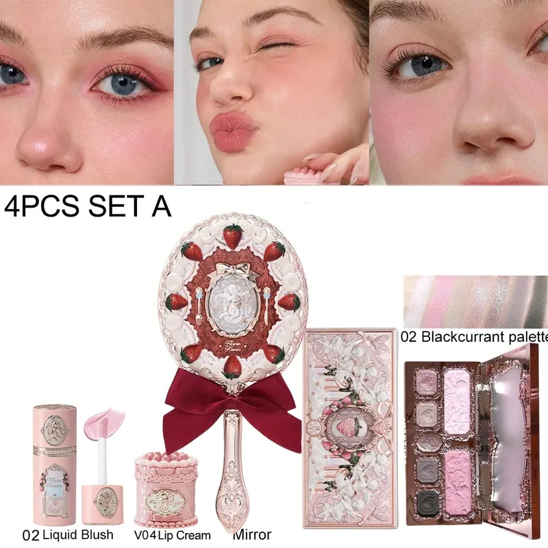 Flower Knows Make Up Kit Cosmetics Full Set Strawberry Rococo Palette Little Angel Highlighter Matte Lipstick 4Pcs Kit