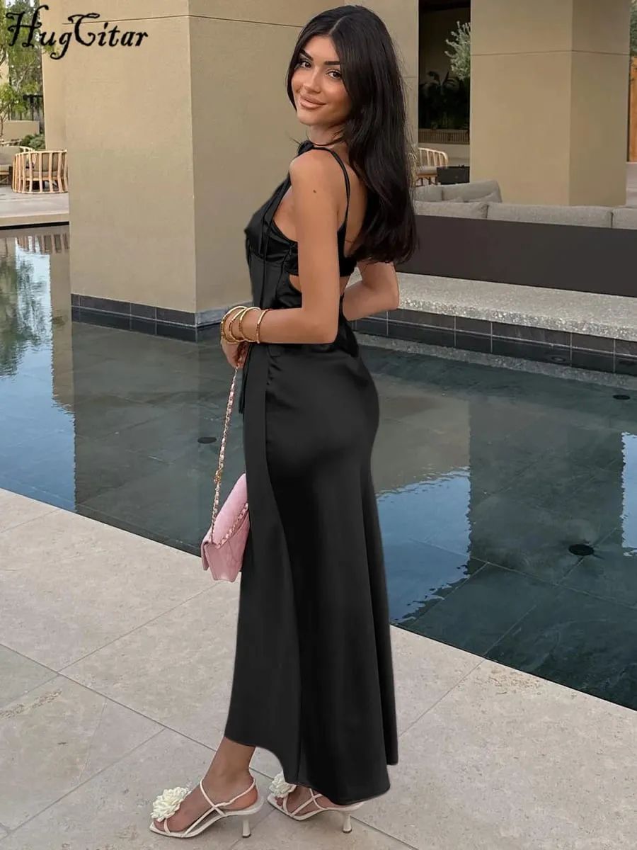 Hugcitar V Neck Solid Slips Backless Hollow Out Lace Up Sexy Bodycon Maxi φόρεμα χορού Καλοκαιρινό Γυναικεία Κομψά ρούχα Πάρτι γενεθλίων