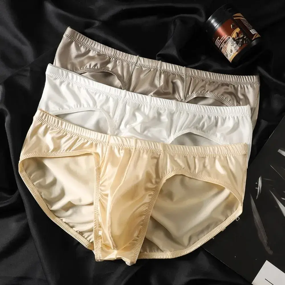 Underpants Low Waist Male Underwear Ice Silk Glossy Shiny Satin Silk Briefs Bulge Pouch Lingerie Men's Triangle Panties Daily