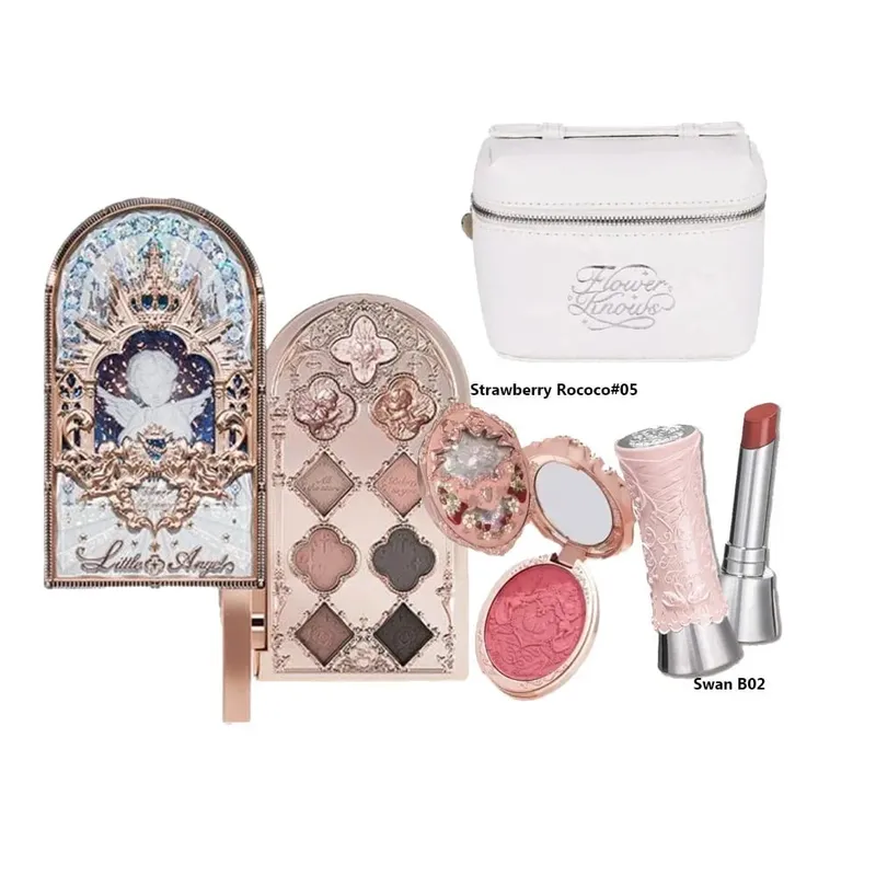 Flower Knows Make Up Kit Cosmetics Full Set Strawberry Rococo Palette Little Angel Highlighter Matte Lipstick 4Pcs Kit