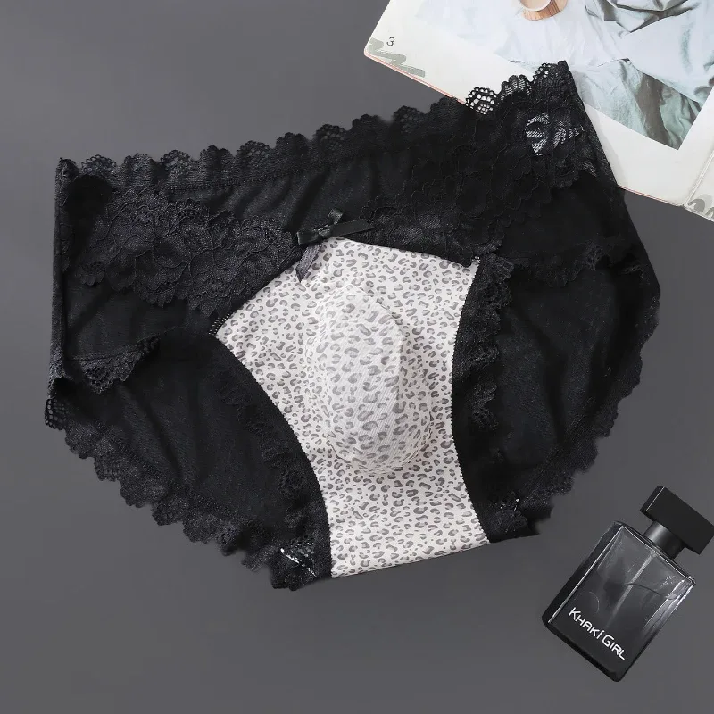 Men Briefs High Fork Lace Edge Leopard Printed Underwear Ice Silk Quick-Drying Panties Sissy Lingerie See Through Underpants