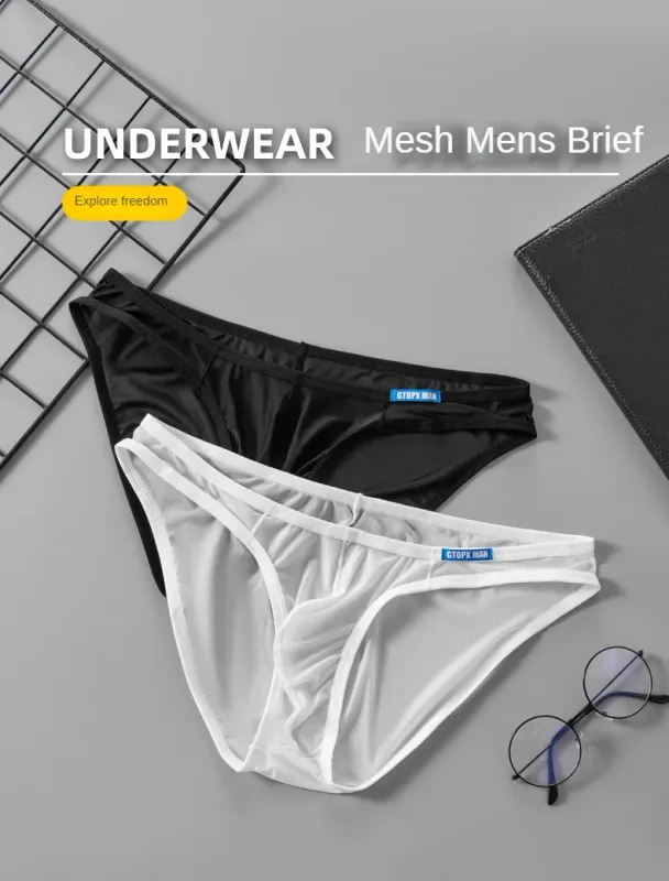 Men's Sexy Underwear Thin Ice Silk Translucent Briefs U Pouch Ropa Interior Hombre Male Panties