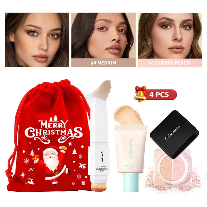 4 τμχ Σετ Μακιγιάζ Προσώπου Foundation Stick Pore No More Primer Loose Setting Powder Μεγάλης διάρκειας Ματ Μακιγιάζ για αρχάριους Χριστουγεννιάτικο δώρο