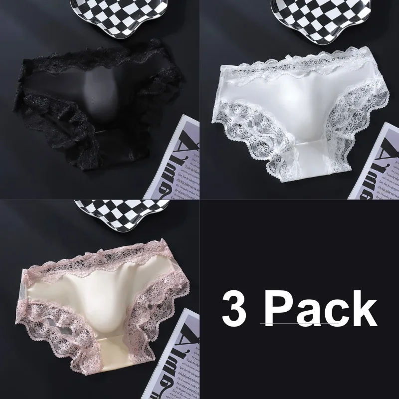 3 Pack Male Full Lace Side Briefs Ice Silk Satin 3D Molded Pouch Mid Rise Soft Smooth Men Underpants