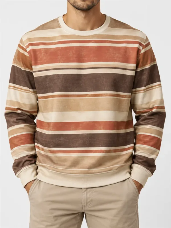 Heren vintage gestreept sweatshirt met ronde hals, casual trui met lange mouwen, kleurenblok, herfst streetwear, alledaagse mode, klassieke top