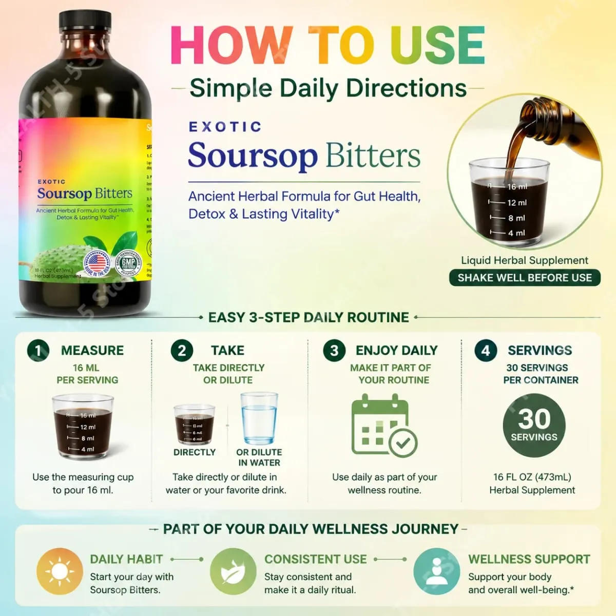 Herbal Soursop Bitters Liquid Supplement Black Seed Moringa Irish Moss Drops para sa Gut Digestive Wellness Immune 16 Fl Oz(473ml)