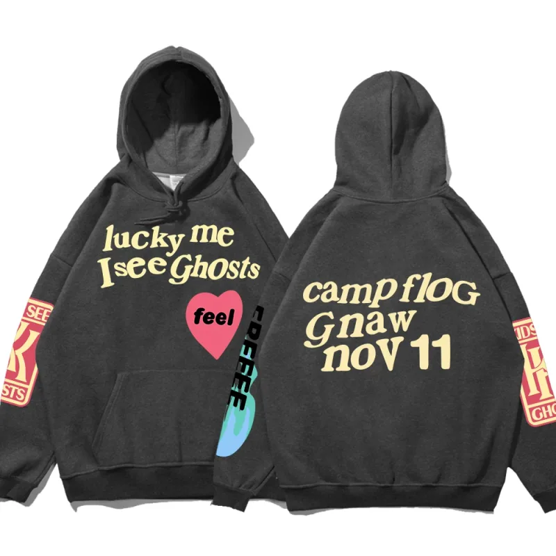 Graffiti-Buchstabe gedruckt lose Kapuze Kanye Sweatshirts Männer übergroße Fleece Luck Me I See Ghosts Hoodie Unisex Pullover Hoody