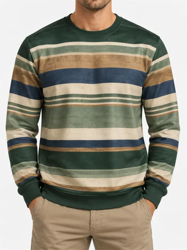 Heren vintage gestreept sweatshirt met ronde hals, casual trui met lange mouwen, kleurenblok, herfst streetwear, alledaagse mode, klassieke top