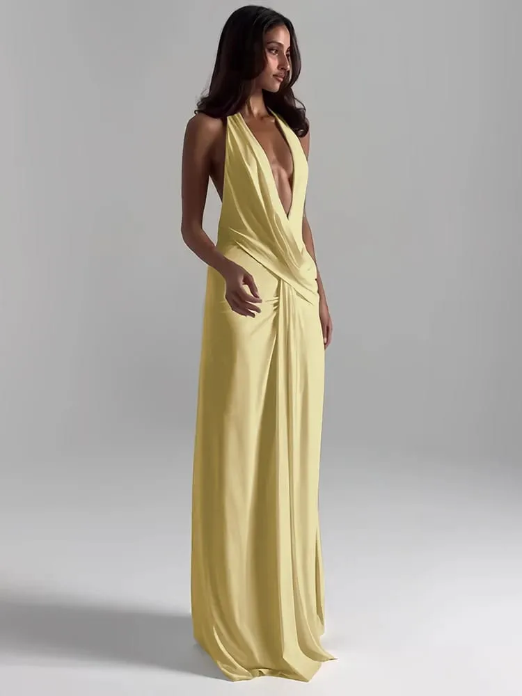 Cutenew Party Απλά Γυναικεία Maxi Φορέματα Solid Trend Halter Cross με αιωρούμενο λαιμό χωρίς πλάτη V-λαιμόκοψη ψηλό σχιστό Bodycon Mujer Vestidos — image 6