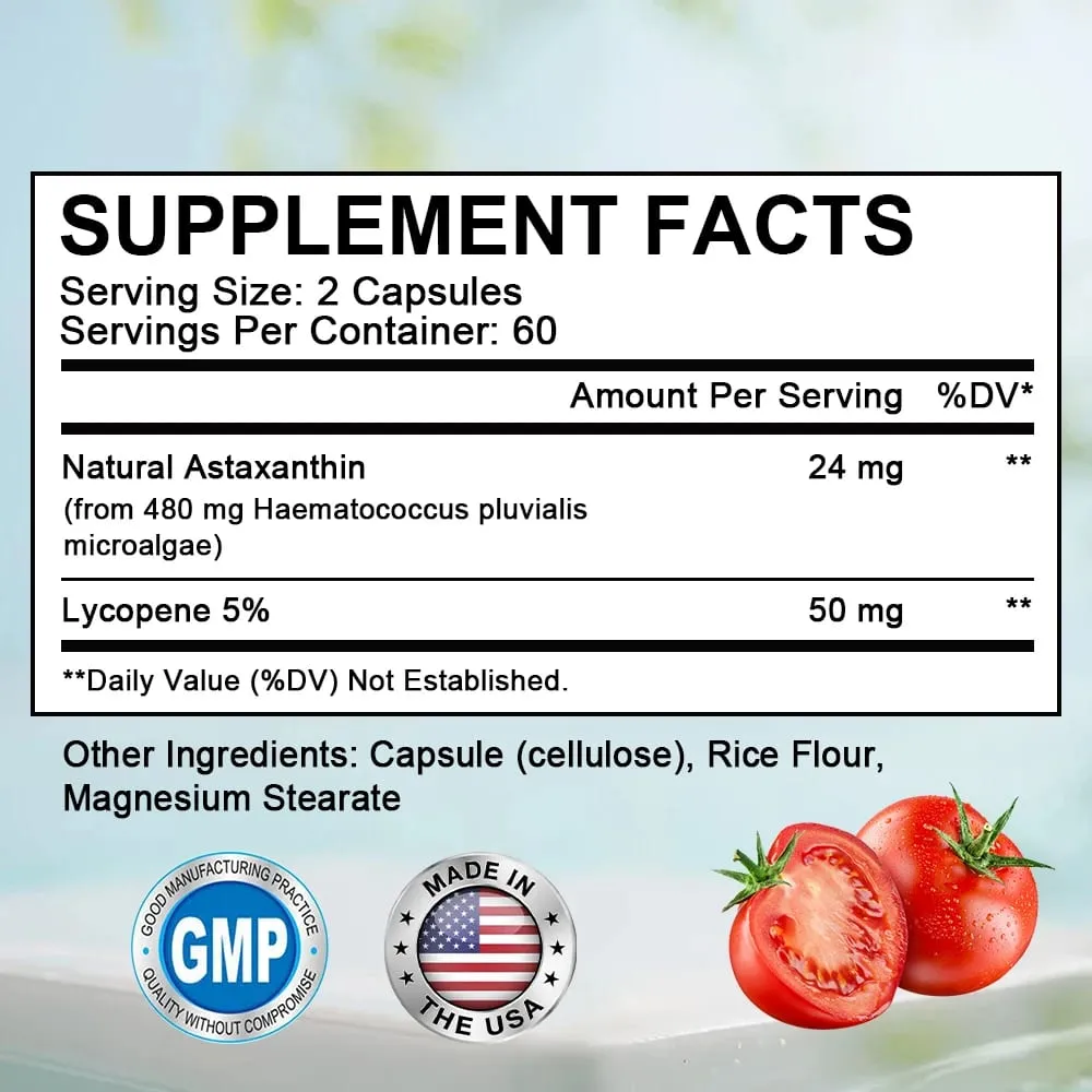 Icelandic Astaxanthin 24mg + Lycopene 50mg Heart Brain Joint Immune Antioxidant Dietary Supplement - 120 Capsules