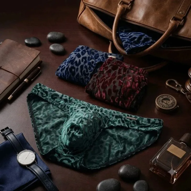 Comfortable Ice Silk Men Briefs Mesh Low Waist Sheer Underwear Convex Pouch Transparent Leopard Print Panties Date Night