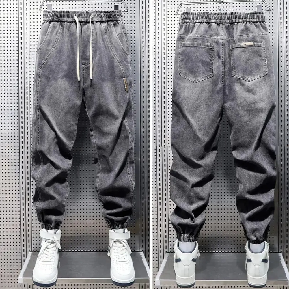 Harem Jeans with Leg Bindings Pockets Elastic Waist Adjustable Drawstrings Men Jeans Solid Color Street Style Jogger Pants