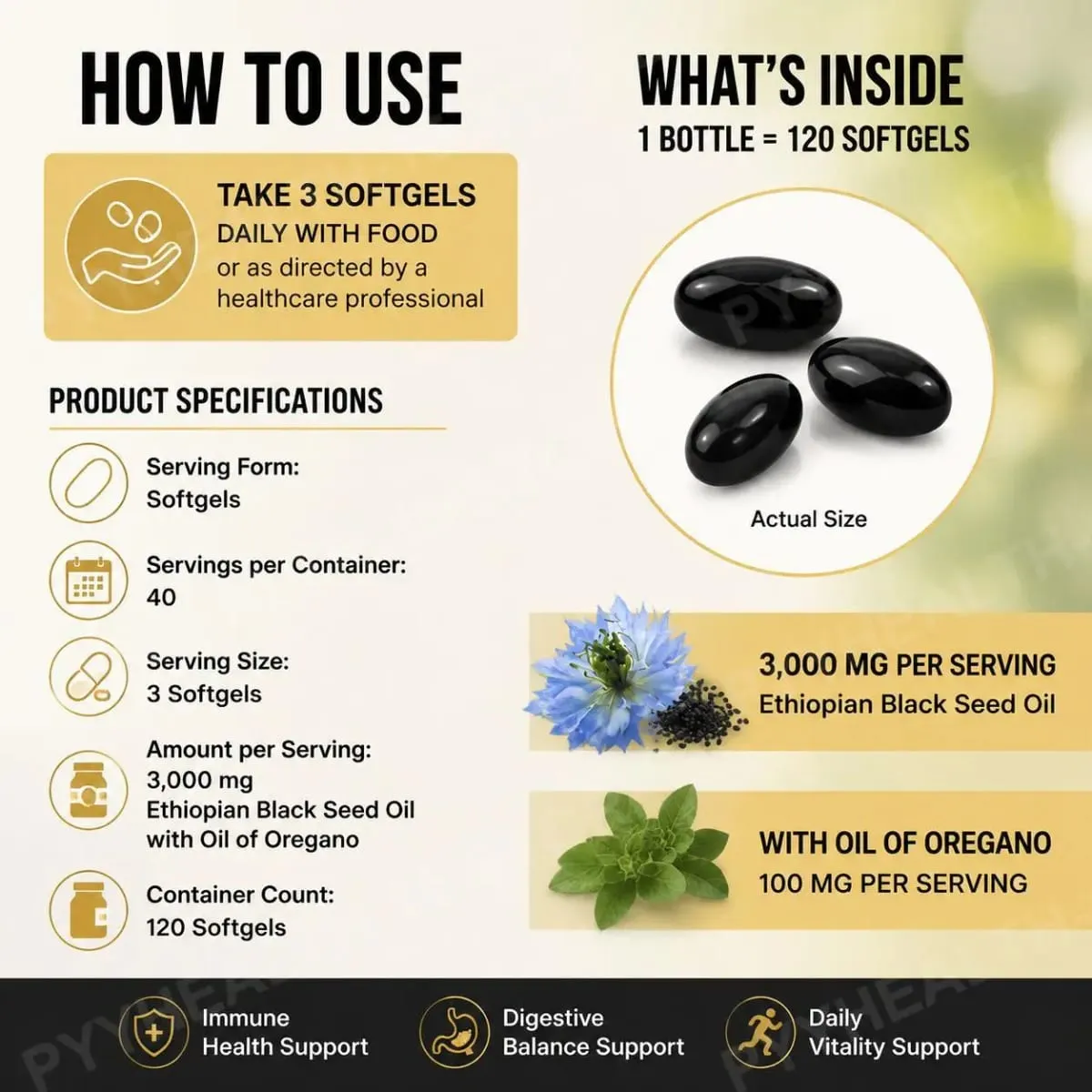 Ethiopian Black Seed Oil Softgels 3000mg na may 100mg Oregano Extract para sa Immune Digestive at Daily Vitality Support 120 Count