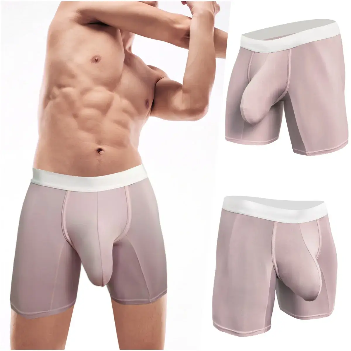 Mens Cool Ice Silk Boxer Briefs Extra Deep Pouch Breathable Long Running Sport Gym Underwear Anti Chafe Free Soft Trunks