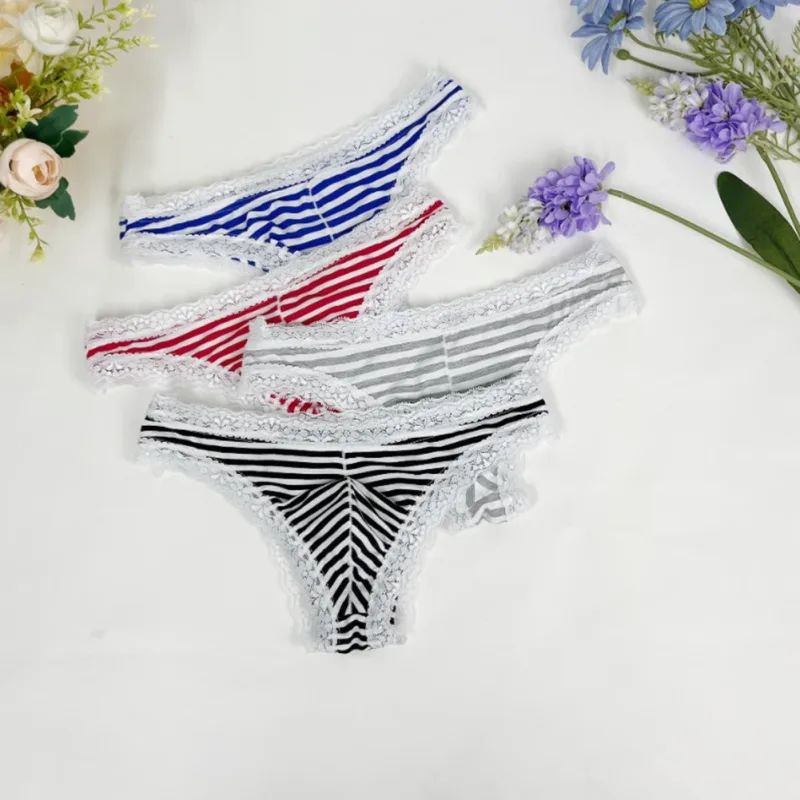 Men Lace Trim Striped G-string Underwear Half-covered Butt Low-rise Pantie Thong Half Hip Men Briefs Mens Sexy Underwear