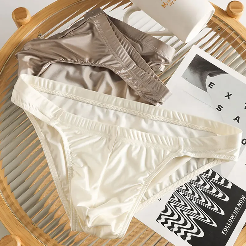Men's Silky Satin Briefs Sexy Low Rise Underwear Soft Stretchy Bikini Panties Shiny Smooth Butt-lifting Briefs Fitness Underpant