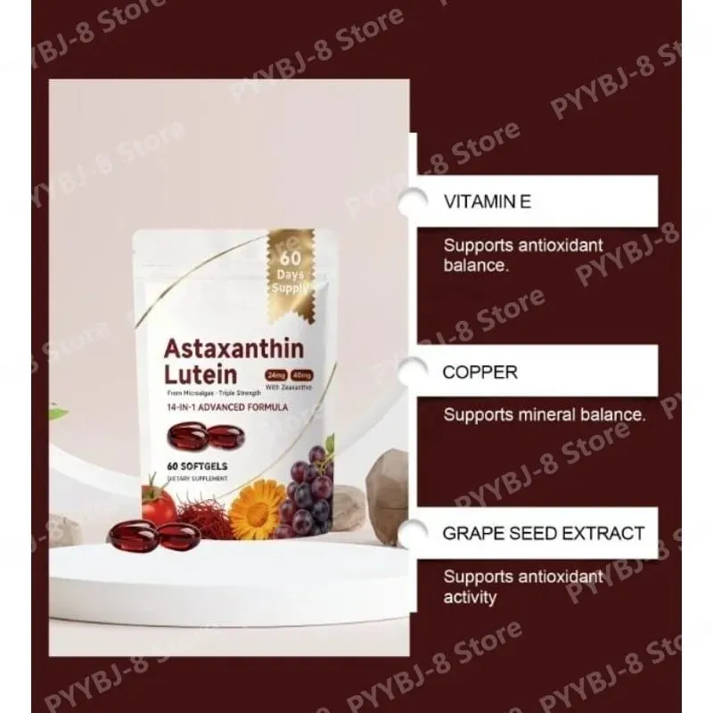 Η κάψουλα ασταξανθίνης και λουτεΐνης 60 Count με κουκούτσι σταφυλιού και εκχύλισμα σαφράν παρέχουν υποστήριξη για τη διατροφή των ματιών στο δέρμα και τις αρθρώσεις