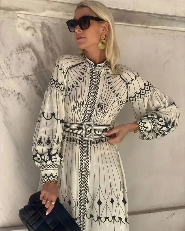 Retro Elegant Stand Collar Long Dress Wo