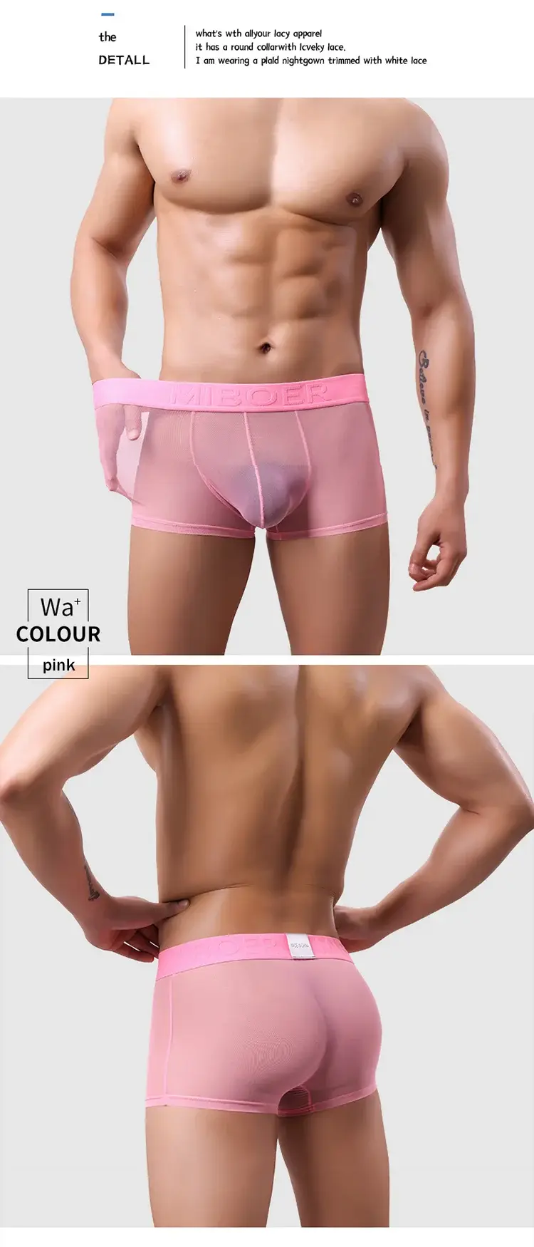 Men's Transparent Full Mesh Boxer Briefs See-Through Underwear Low Rise U-Pouch Breathable Sexy Low-Rise Elastic Waistband