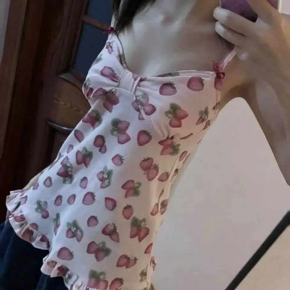 Χαριτωμένα γυναικεία σπαγγέτι λουράκι Tank Top Στολίδι με μοτίβο φράουλα Φιόγκος βολάν Στρίφωμα Slim Sweet Cottagecore Daily Cami Top