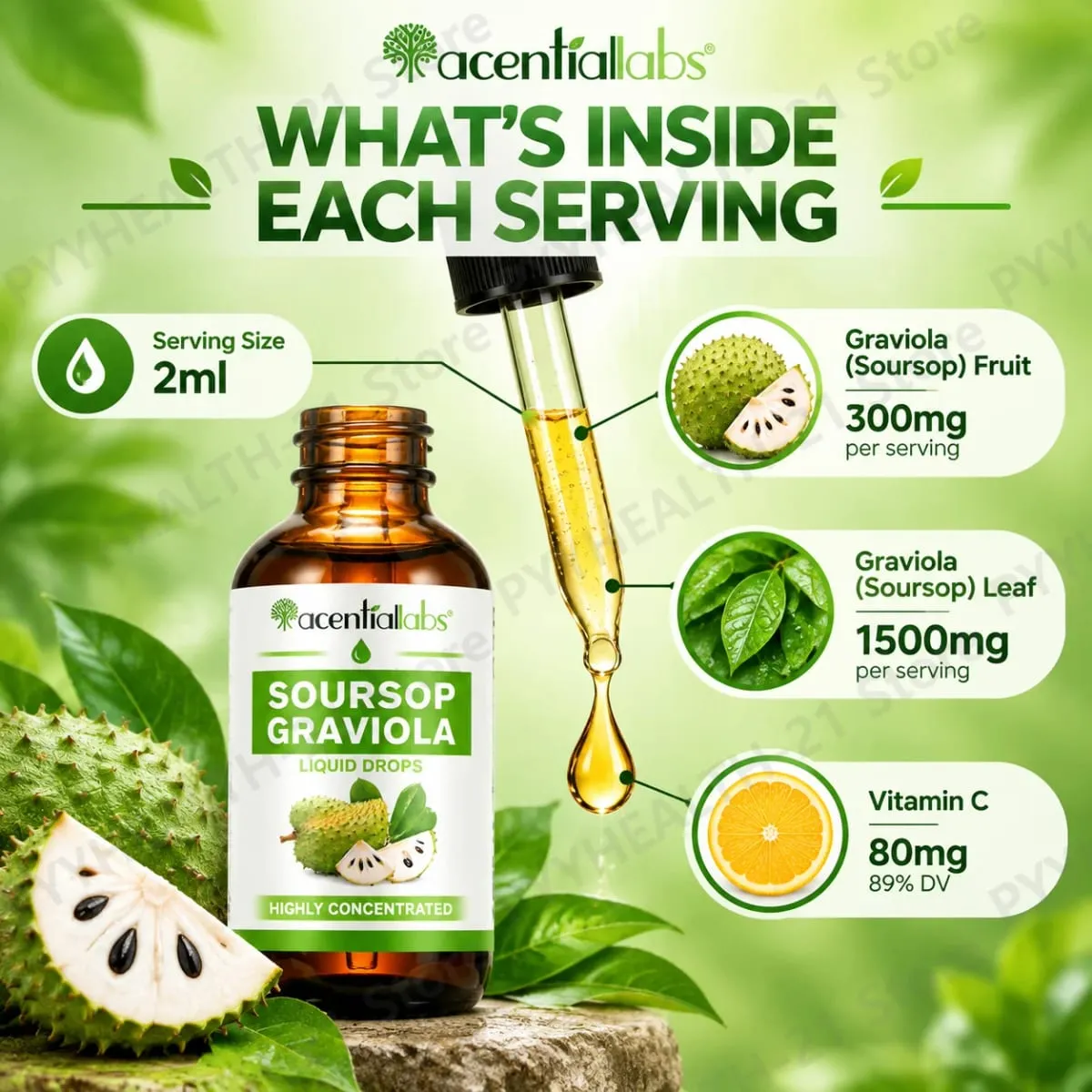 AcentiLabs Sirsak Graviola Tetes Cair Vitamin C Mendukung Kesehatan Pencernaan Sistem Kekebalan Tubuh Pertahanan Radikal Bebas 60ml untuk Dewasa