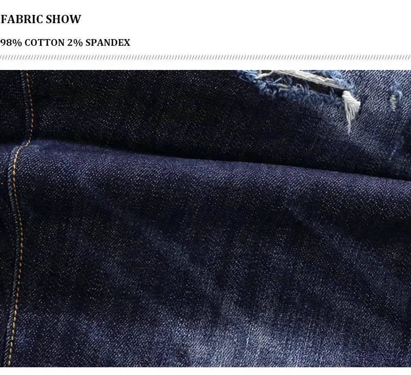 High Street Retro kék elasztikus, osztott stílusú farmernadrág férfiaknak hip-hop tervezői hímzés márka szűk szabású alkalmi nadrágok