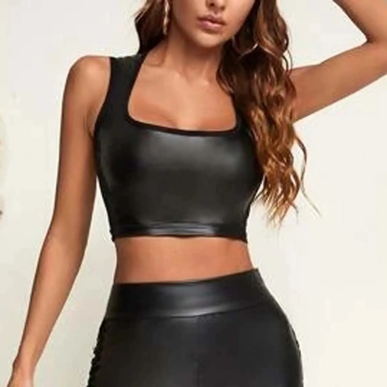 PU Leather Tank Tops Women Sexy Black Bustiers Deep V-Neck Spaghetti Strap Corset Vest Nightclub Cropped Tops Women Vest