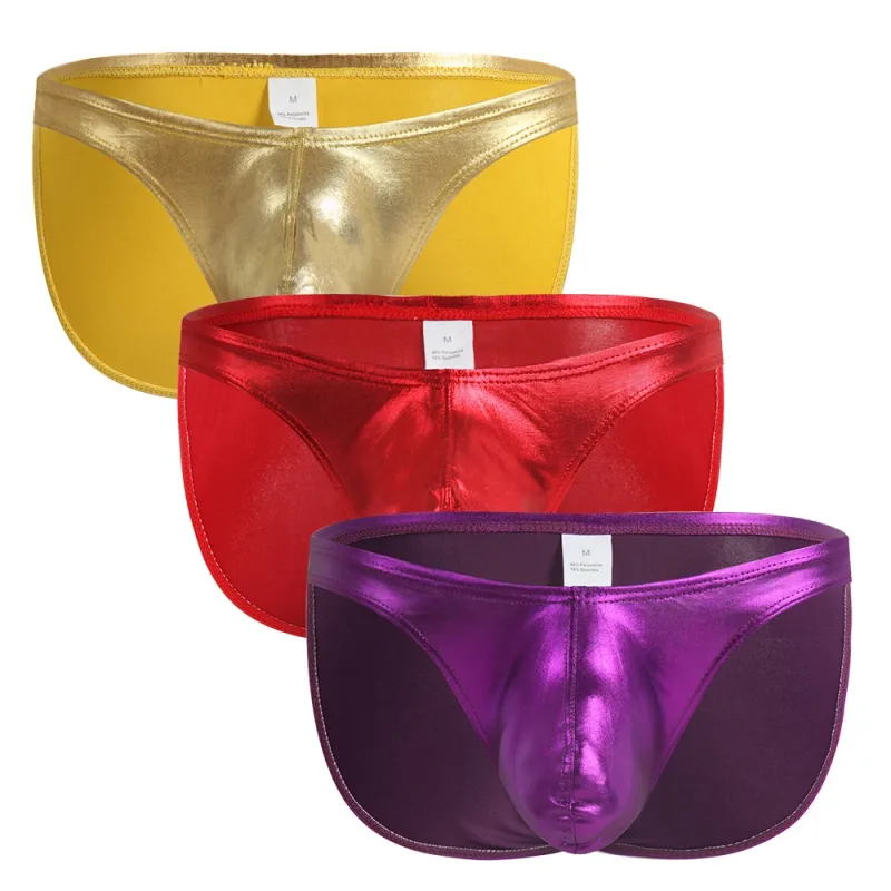 Men's Fashion Low Waist Imitation Leather Briefs with U Convex Pouch Sexy Underwear Lingerie 3PCS/2PCS/1PC Set
