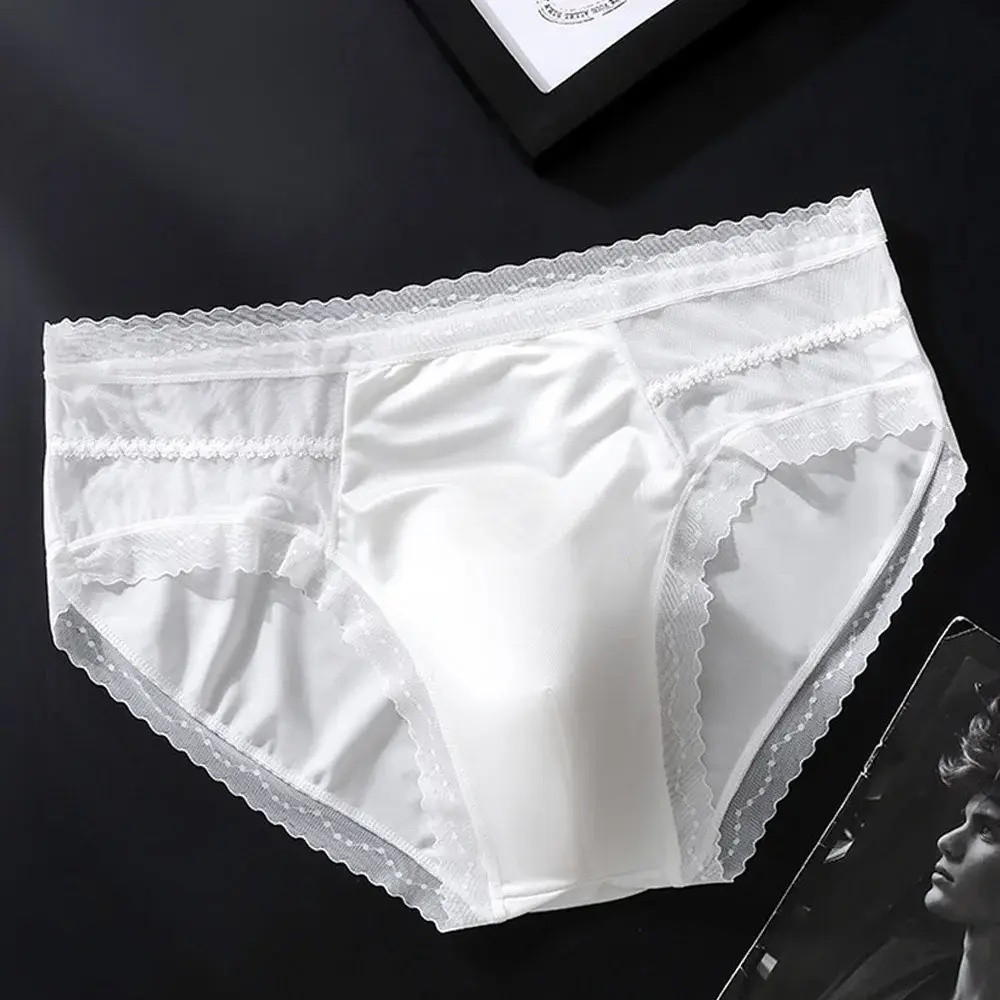 Men's Low Waist Triangle Underwear Sexy Elastic Lace Trim Silk Pouch Ultra-Thin Seamless Underpants plus Size Lingerie