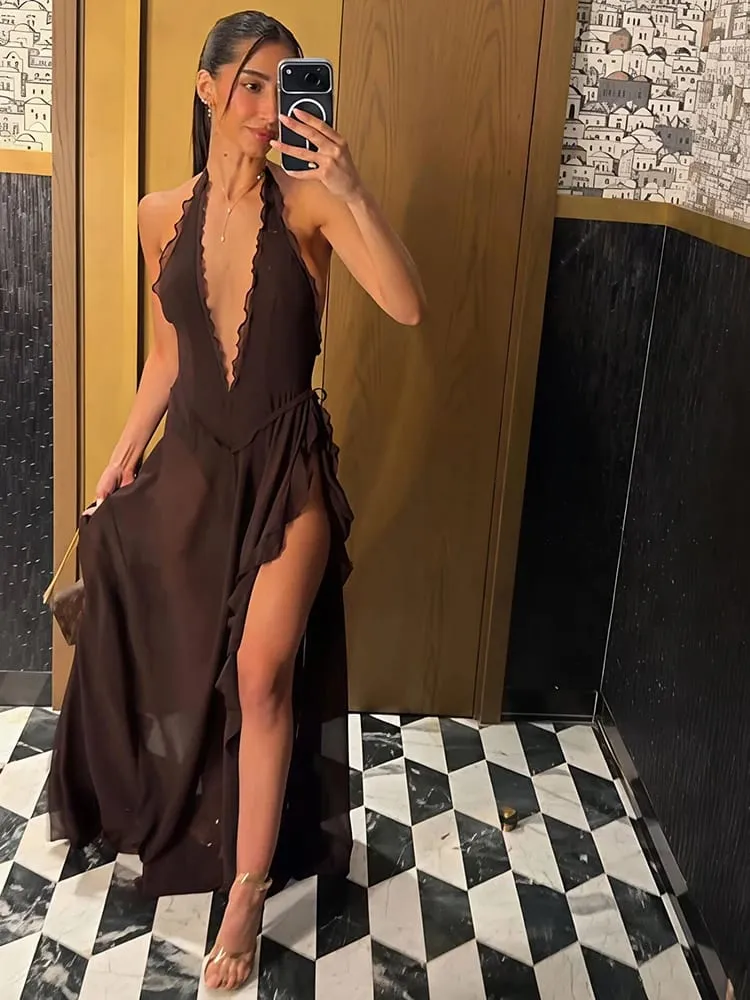 Mozision Halter Deep V λαιμόκοψη σέξι μάξι γυναικείο φόρεμα Κομψό αμάνικο ψηλό σχιστό κλαμπ φόρεμα για πάρτι