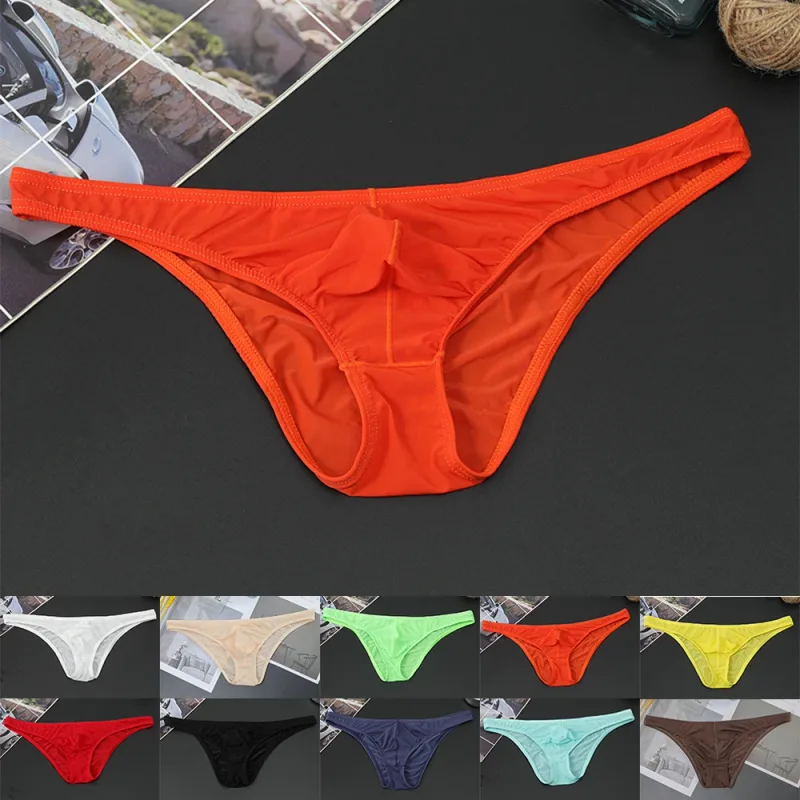 Mens Sexy Low-Waist Briefs Shorts See Through Pouch Underwear Ice Silk Underpant Bikinis Ultra Thin Panties Solid Comf Lingerie