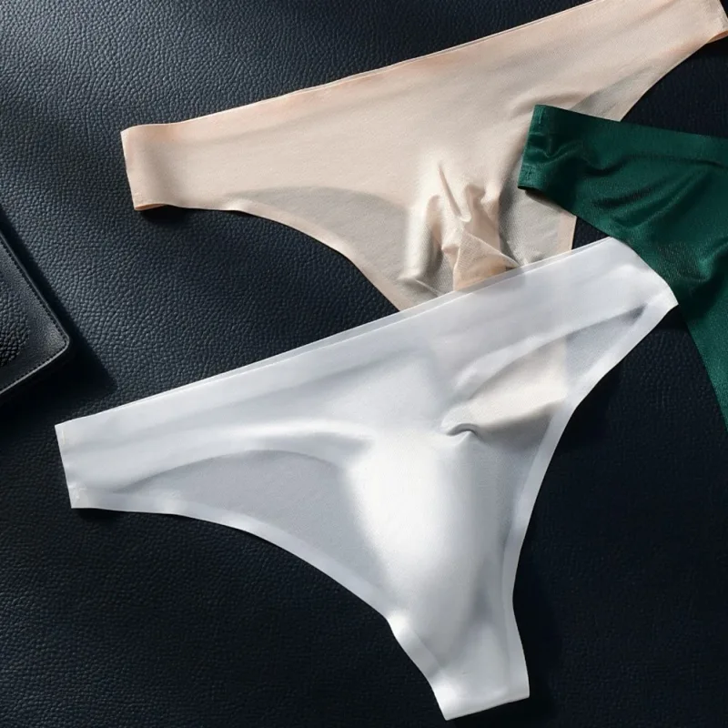 Men Seamless Ice Silk G-String Underwear 3D Bulge Pouch Low-rise T-Back Thongs Low Rise Men Bikini Briefs U Pouch Lingerie