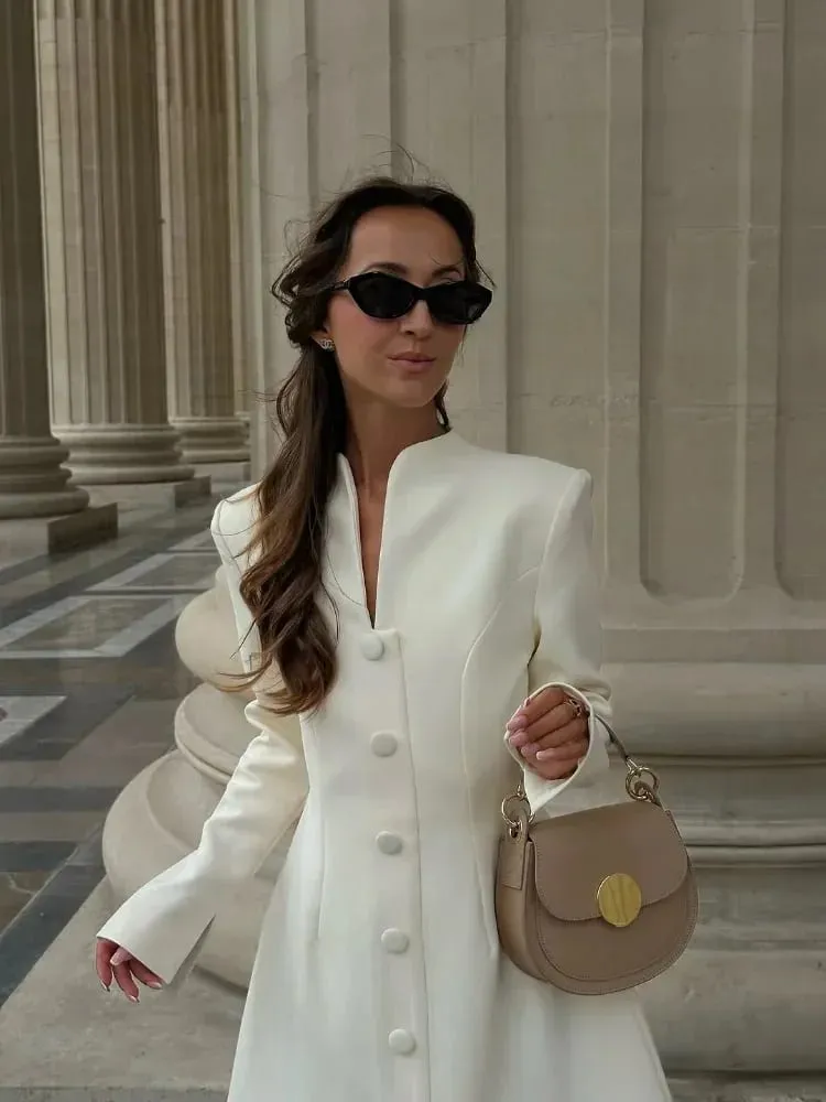 Solid Single-breasted A-line Mini Dress 2026 Elegant Women's V Collar Full Sleeve High Waist Vestidos Lady Commute Street Gowns