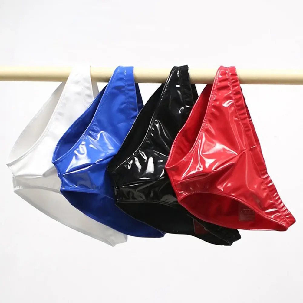 Men Sex Faux Latex Brief Glossy Patent Leather Package Hip Gay Underwear Lingeri Smooth Thongs Candy Color Thong T-Back