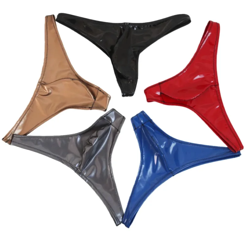 Sexy Men Plus Size Latex PVC Shiny Hot Short Convex U Pouch G-string Fashion Underwear Tights Lingeries PU Stage Briefs