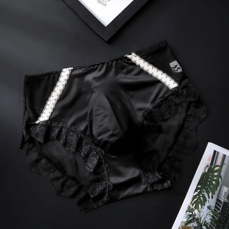 Large Size Women Panties for Men Soft Lace Satin Silky Briefs Mid Rise Bulge Pouch Underpant Sweet Sissy Crossdresser Underwear