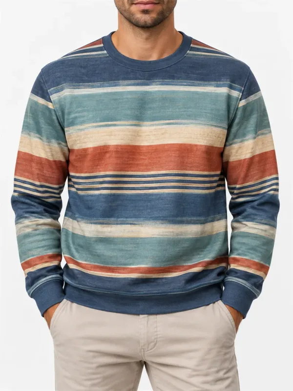 Heren vintage gestreept sweatshirt met ronde hals, casual trui met lange mouwen, kleurenblok, herfst streetwear, alledaagse mode, klassieke top