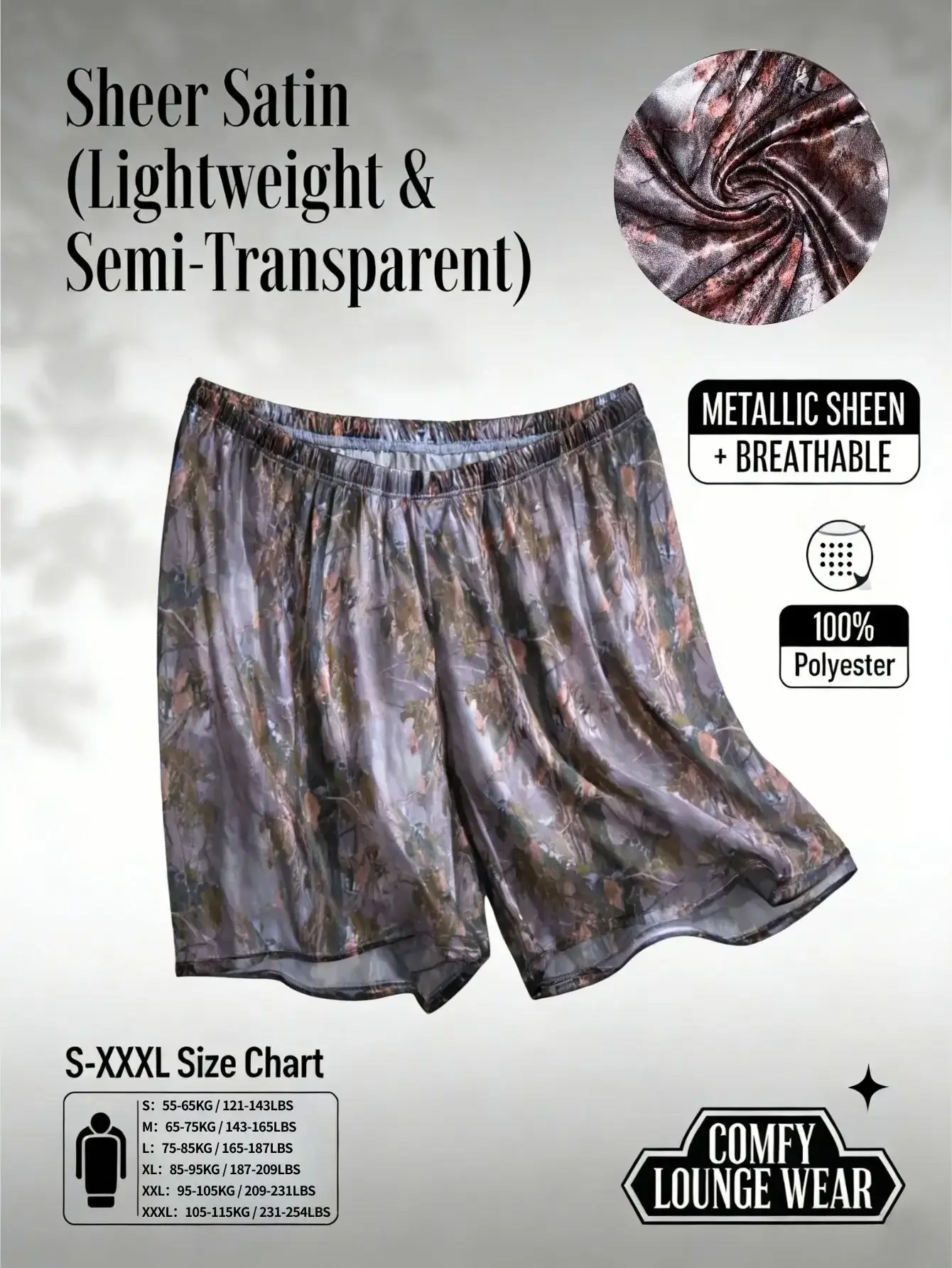 1 Stück leichte, atmungsaktive Herren-Loungewear mit metallischem Glanz, legere Home-Loungewear – Schlafshorts aus Satin mit Tarnmuster