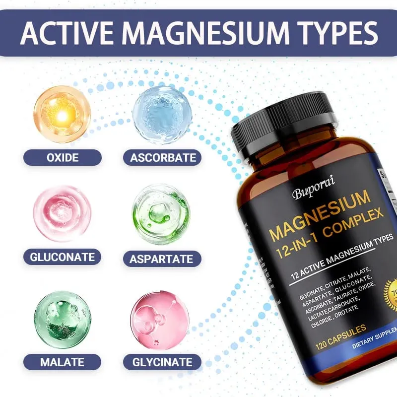 Magnesium Complex Capsules - Support Muscle Bone Heart Health Improve Sleep Stress & Anxiety Relief - Dietary Supplement