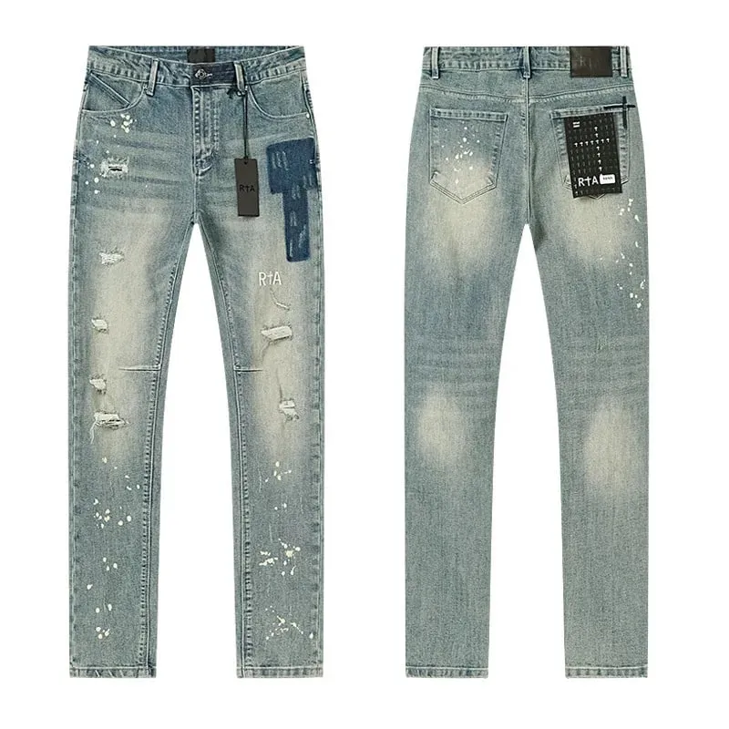 Νέο RTA Destroyed Scratch Hole Light Blue Distressed Jeans Ανδρικά High Street Elastic Slim Fit jeans 2026 Μάρκα παντελόνι Streetwear